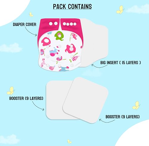 Image of Ambaby Cloth Diapers Pants Quick Dry Comfort GOTS Certified Free Size Button Adjustable, Washable And Reusable Multilayered Cotton Pads And Boosters Animals Themed- Pink