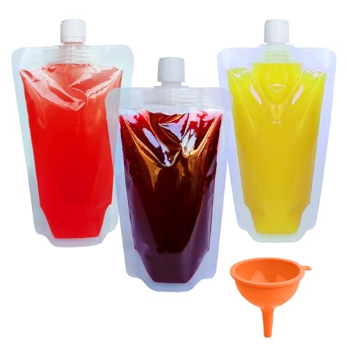 25Pack Clear Drink Pouches for Festivals - 250ml Drink Bags with Caps & Funnel Refillable Drink Pouches Reusable Alcohol Liquor Juice Bags Beverage Bags Plastic Hip Flask for Parties, Picnic, Travel