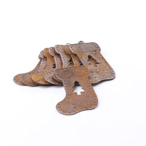 Factory Direct Craft Package of 12 Rusty Tin Stocking Shape Ornaments with Pine Tree Cutouts for Crafting, Creating and Embellishing
