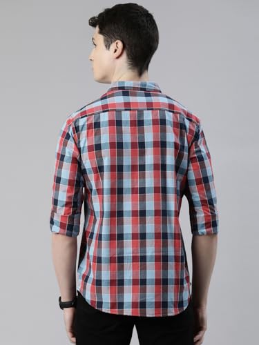 Image of JOVEN Men Slim Fit Pure Cotton Brown and Dark Green Casual Checked Shirt