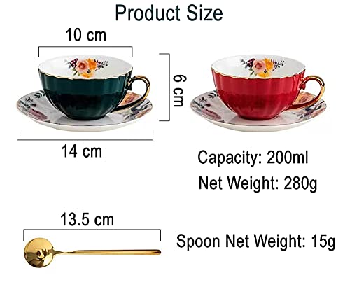 Porcelain Tea Cup With Saucers And Spoon, 2 Sets Of 8 Oz Floral Coffee Mug With Gold Trim Holder, Royal Ceramic Teacup Set, Espresso Latte Mugs For Wedding Birthday Party Table Supplies (Red + Green) #TOP4