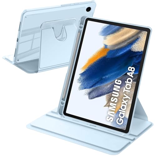A-BEAUTY Rotating Case Compatible with Samsung Galaxy Tab A8 10.5 Inch (SM-X200/X205/X207) with S Pen Holder, Shockproof Cover Clear Back, Auto Wake/Sleep, Sky Blue