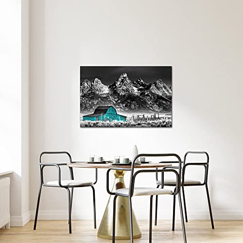 Vanseeing Grand Teton National Park Canvas Wall Art Teal Moulton Barn Pictures Wyoming Paintings Mormon Nature Scene Artwork Black And White Farmhouse Posters For Living Room Decor Framed 24X36Inch (Blue) #TOP1