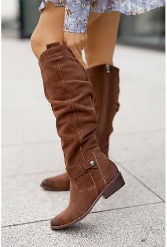 Junshang Women's Dark Brown Low Heel Side Zip Suede High Top Boots， Mid Calf Boots Knee Stretchy Low Heel Booties Zip Strap Riding Winter Slouch Shoes, -42