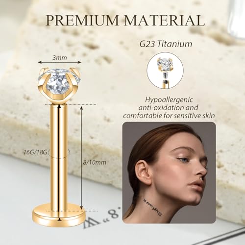 GAGABODY Labret Studs 18g Tragus Earring Internally Threaded Labret Gold Helix Earring 18g Earrings G23 Titanium Earrings CZ Cartilage Piercing 8mm Lip Studs Earring Piercing by GAGABODY - Used condition - Image 5