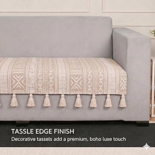Image of STITCHNEST 'Verdant Bohemian Stories' 2 Seater Sofa Cover| Elegant Jacquard Fabric, Decorative Tassels, Washable & Durable for Modern Living