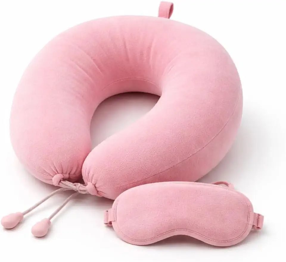 Travesseiro de Pescoço para Viagem com Máscara de Olhos – Espuma de Memória Viscoelástica Nasa, Formato U Ergonômico Cervical, Conforto para Avião, Carro e Ônibus, Ajustável Portátil (Rosa)