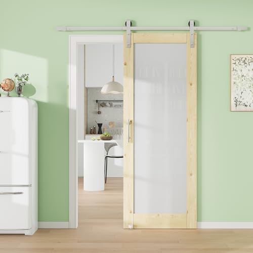 Image of 32 inch x 80 inch 3-Lites Solid Core MDF Panel Barn Door with Trimmable 72 inch Track Kit, Paintable Sliding Barn Doors for Closet Kitchen Bedroom Excellent Sound & Thermal Insulation, Nickel-Plated Hardware Kit