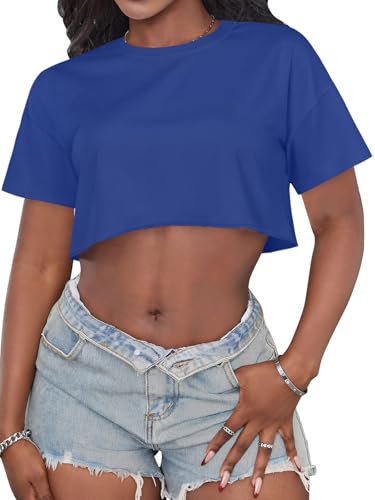 Image of Crop Tops for Women Oversized Short Sleeve T Shirts Crew Neck Cropped Tees