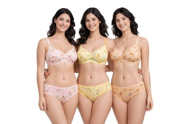 PO3 Padded Lingerie Set for Women & Girls - 3 Pack Bra & Panty Set, Comfortable Everyday Padded Innerwear, Soft Breathable Undergarments[Orange,Yellow,Pink]-image-36