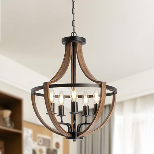 SEEBLEN Rustic Industrial 5-Light Flush Mount Chandelier - Adjustable Height Hanging Pendant Light with Wood Grain Metal Frame,Farmhouse Chandelier for Dining Room,Entryway, Foyer.