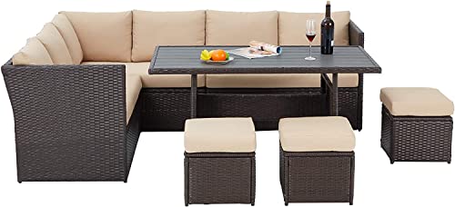 Image of DEVOKO 6-pcs Conversation Wicker Sofa Wooden top Dining Table, Outdoor Patio Furniture Set with Cushions for Garden, Poolside, Balcony (Dark Brown and Cream)