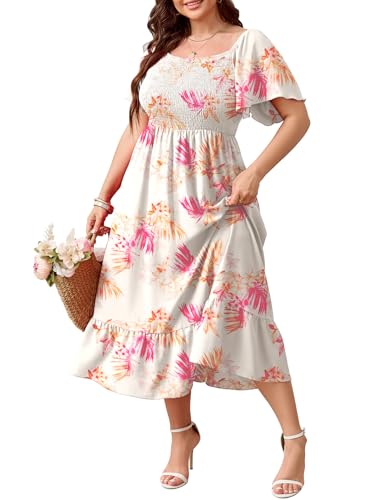 Image of SCOMCHIC Women's Plus Size Summer Dress Casual Short Sleeve Scoop Neck Maxi Dress Smocked Ruffle Boho Flowy Long Dresses