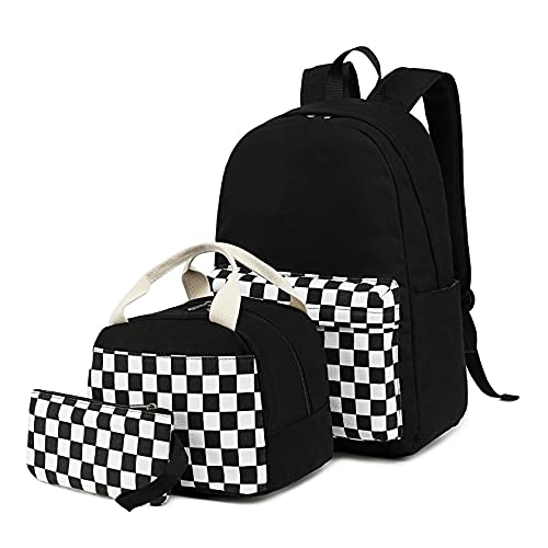 Camtop School Backpack Canvas Laptop Backpack Teens Bookbag Set Lunch Bag Pencil Case For Girls Boys(Checkerboard Black) #TOP6