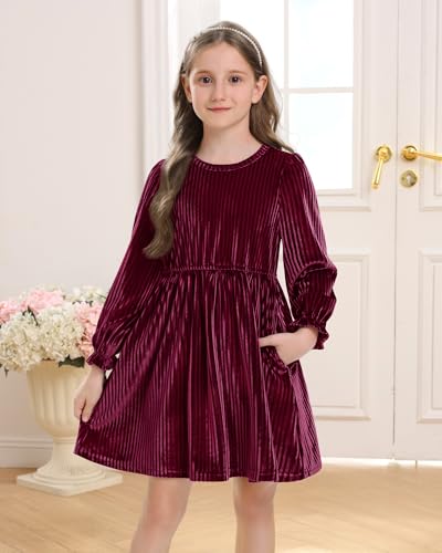 Stelle Girls Long Sleeve Velvet Dress Ruffled Crew Neck Midi A-Line Dresses Vintage Formal Party Winter Outfits4
