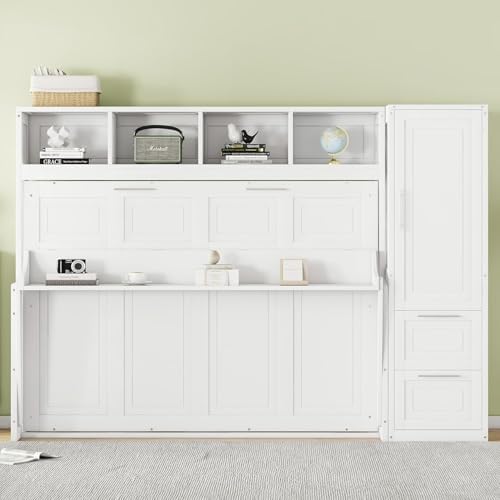MERITLINE-Full Murphy Bed with Storage and Wardrobe