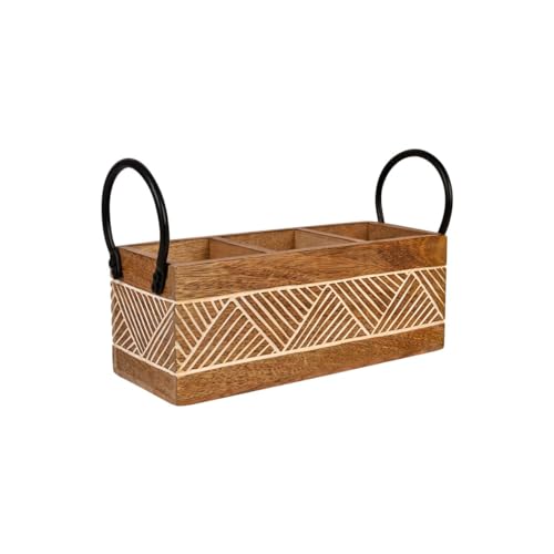 Image of Craft Expertise inchHandcrafted Wooden Cutlery Utensils Spoon Holder - 3 Compartment Large Organizer With Iron Handles - Rustic Brown, 11 X 4 X 4 Inches (Classic)