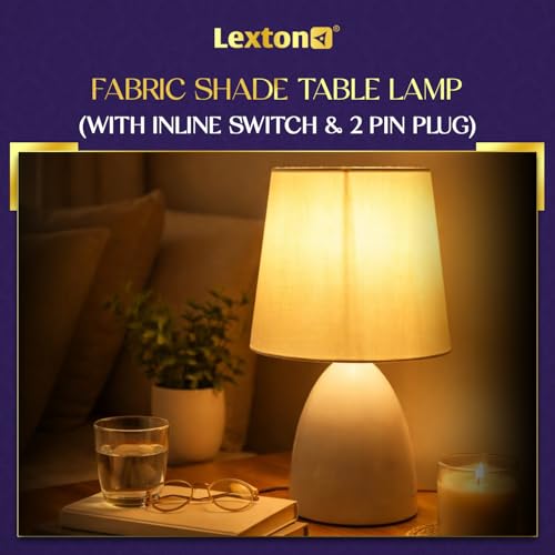 Image of Lexton Table Lamp with Fabric Shade | Bedside Night Lamp for Bedroom Living Room | Inline Switch | Decorative Desk Lamp for Study Table Office & Home Decor | White (Pack of 1)