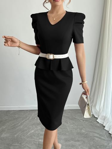Image of Womens Summer Puff Sleeve V Neck Peplum Church Business Work Pencil Dresses