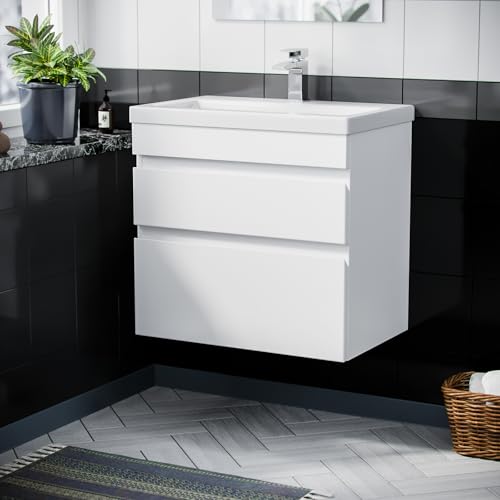 Image of Nes Home White 600mm PVC 2 Drawer Wall Hung Vanity Cabinet and Basin Sink Unit