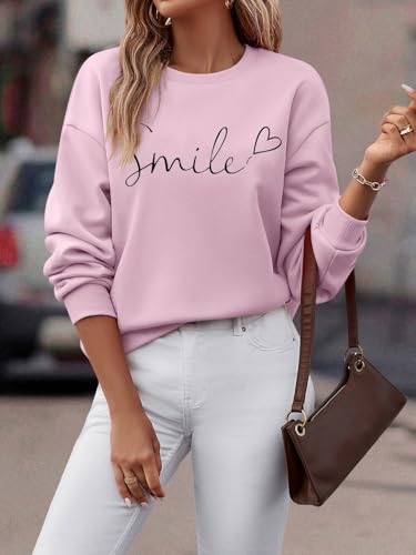 Minetom Pullover Damen Herbst Winter Sweatshirt Rundhals Langarm Pulli Frauen Oberteil Sweatshirts ohne Kapuze A Rosa L
