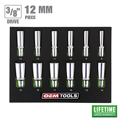 Oemtools 23981 12 Piece 3/8" Drive Metric Socket Set, Deep Sockets From 8Mm To 19 Mm, Comes In Green And Black Tool Foam Organizer Tray, Tool Box Organizer #TOP1