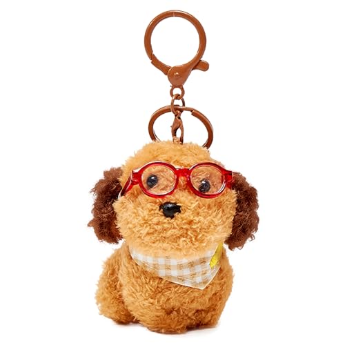Plush Dog with Glasses Keychain – Funny Animal Keyring Charm for Women | Car Key Handbag Backpack Decor & Birthday Gift (Brown)