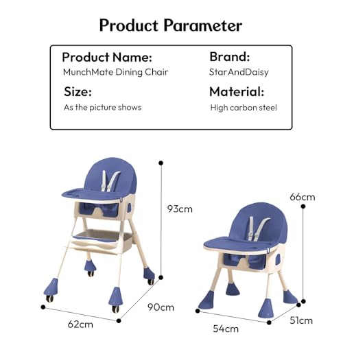Image of StarAndDaisy High Chair for Baby 6 Months to 5 Years /Adjustable Height Feeding Chair with 4 Reclining Seat Positions, Double Food Tray, Foldable Design & Wheels /High Chair for Baby (Blue)