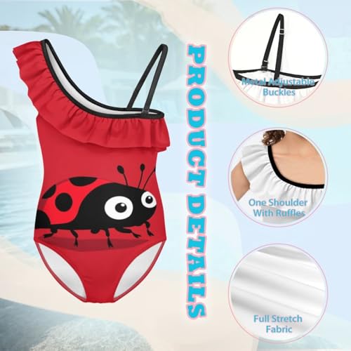 Forchrinse Girls One Shoulder Red Ladybug Bathing Suit One Piece Ruffle Swimsuit with Adjustable Strap Size 3-143