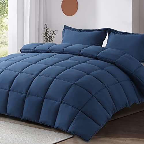 BEDHOURS Queen Comforter Set 3 PCs Ultra Soft Premium 2100 Series Down Alternative Bedding Sets for All Season, Breathable Lightweight Cooling Comforter + 2 Pillow Shams (Navy Blue Queen)