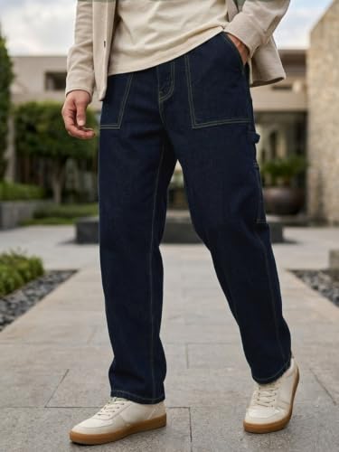 Image of Urbano Fashion Men's Loose Mid Rise Baggy Fit Cargo Carpenter Jeans with 6 Pockets Non-Stretchable
