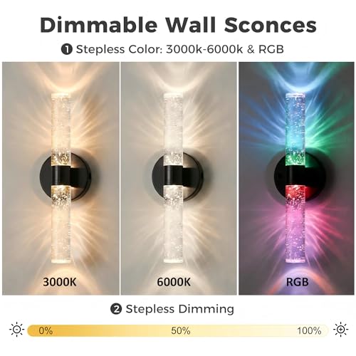 Image of DORESshop Battery Operated Wall Sconces Set of 2, 10000mAh Rechargeable Wall Sconce with Bubble Crystal, 9 Color Dimmable Wireless Wall Sconce, Sconce Wall Decor for Living Room, Bedroom, Black 18in