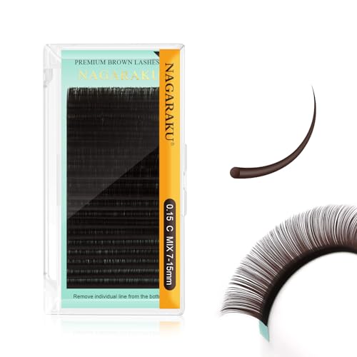 NAGARAKU Dark Brown Colored Eyelash Extensions 0.15mm C Curl 7-15mm Mix Tray Soft Individual Lashes Supplies Classic False Eyelashes Mega Volume 20 Rows Light Brown