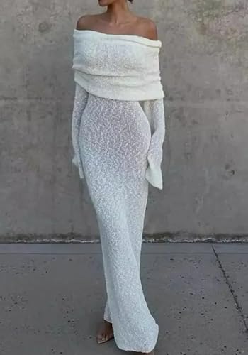 LETSVDO Women's Off Shoulder Maxi Dress Long Sleeve Bodycon Knit Crochet Mesh Sweater Sexy Vacation Party Dresses3