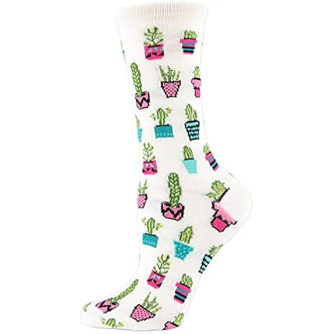 MeMoi Potted Cacti Bamboo Crew Socks Ivory One Size Cover