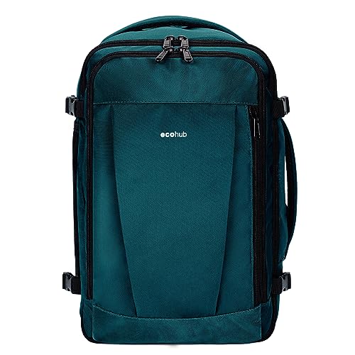 ECOHUB 30L Mochila 45x36x20 Easyjet, Mochila Viaje Cabina Avion con 13 Bolisillos, Debajo del Asiento Mochila Equipaje de Mano, PET Reciclada Bolsa de Viaje Hombre Mujer, Patentado(Azul Verde)