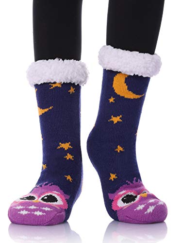Dosoni Womens Girls Faux Fur Fuzzy Winter Asymmetric Cartoon Animal Cute Fleece-lined Winter Slipper Socks with Grippers (Moon Owl)