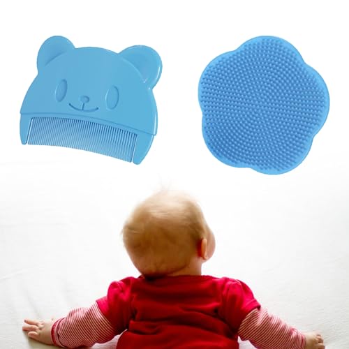 Cepillo para la Costra Láctea y Pein,Cepillo de Ducha Bebe,Cepillo de Baño para Bebés,Cepillo de Masaje de Silicona,Peine Bebe Adecuado para Recién Nacidos,Bebés,2 Piezas,Azul