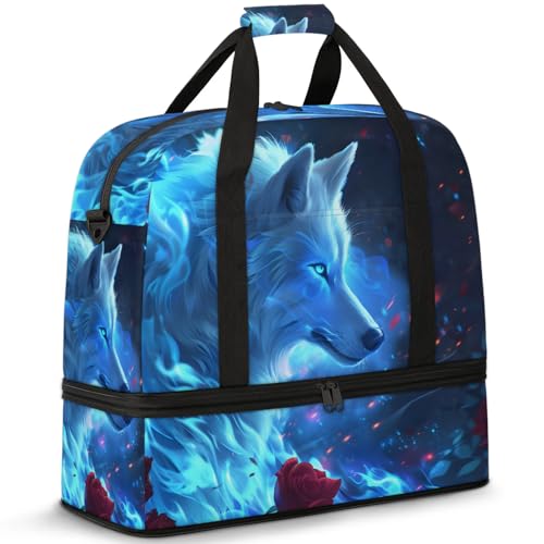 Large Weekender Overnight Bags Animal Wolf Blue Travel Duffel Bag for Women Men Gym Bag With Shoe Compartment Foldie Travel Tote Bag Carry On Personal Item Bag for Travel Gym Sports