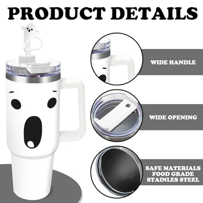 Whaline 1Pc Halloween Tumbler with Handle Lid Straw Cover Caps 40oz White Spooky Ghost Stainless Steel Travel Tumbler Cup for Iced Coffee Party Favor