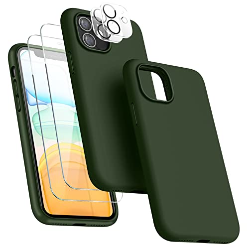 JTWIE [5 in 1 for iPhone 11 Case 6.1 inch, with 2 Pack Screen Protector + 2 Pack Camera Lens Protector, Liquid Silicone Slim Shockproof Protective Phone Case [Microfiber Lining]… (Dark Green)