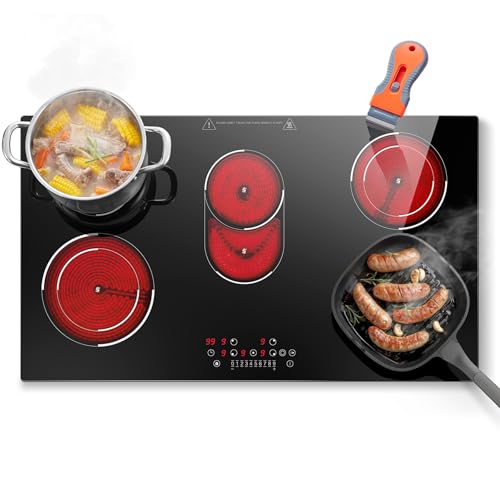 SNDOAS Glaskeramikkochfeld 5 Platten 8400W, Kochfeld 90cm, mit Ovaler Zone für Bräter & Zwei Doppelring-Zonen, Touch-Bedienung, Timer, Restwärmeanzeige, Kindersicherung, Für alle Topfarten