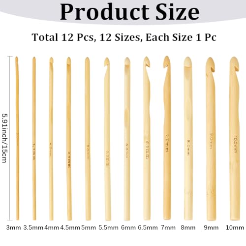Image of CALFOVERA 12PCS 5.9 Inch Single Point Bamboo Crochet Hooks Kit 12 Size Wooden Knitting Needles Bamboo Knitting Needles Set for Handmade DIY Making Sweater Yarn Projects(3 to 10mm)