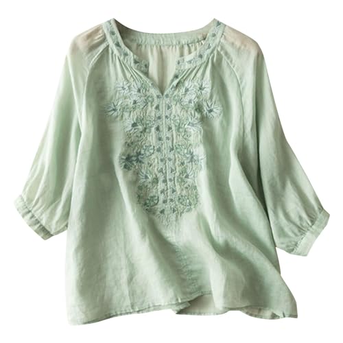 AMhomely Womens Summer Blouse Half Sleeve Embroidery Shirts for Women Elegant Oversize Tunic Tops Lightweight Casual Blouse Shirts Solid Loose Pullover Tops Comfort Breath Dressy Tops Green XXL