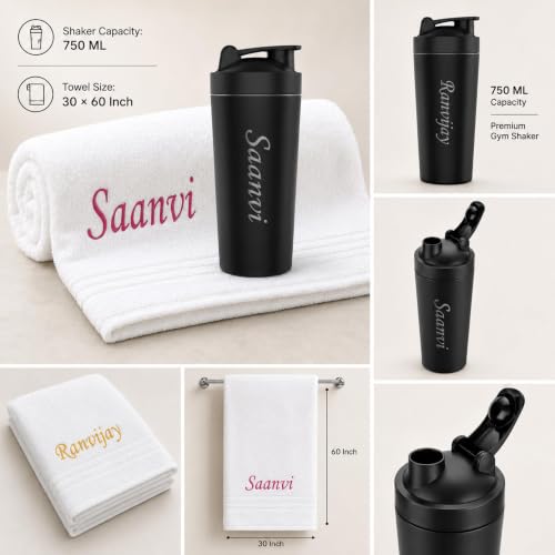 Image of SAVRI Personalized Gifts Customized Stainless Steel Protein Shaker Bottle 750ml with Mixing Ball & White Towel Combo set | Best Gift for Gym Lover, Fitness Lover, Men & Women