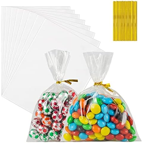 Artby7 Christmas Treat Candy Bag, Cellophane Bags for Gifts 200 Pcs 4x6 Inch Clear Cello/Cellophane Bags for Gift, Card, Stickers, Bakery, Cookie, Dessert, Party Favors with Gold Twist Ties Cover