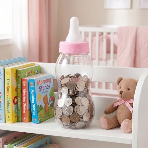 Image of Housoutil 2Pcs Large Baby Bottle Piggy Bank, 11 Inch Big Clear Plastic Baby Bottle Bank, Huge Coin Money Saving Jar, Jumbo Pink Blue Shower Party Candy Jar, Transparent Boy Girl Box （Pink）