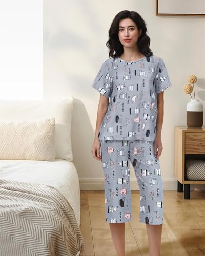 Image of XPUDAC 4-Pack Womens Pajama Sets Short Sleeve Tops with Capri Pants Soft Sleepwear Pjs Set