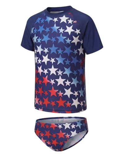 Image of Girls Two Piece Swimsuits Short Sleeve Rash Guard Swim Shirt Bikini Bottom Swim Set Bathing Swim Set Swimwear 3-16 Years