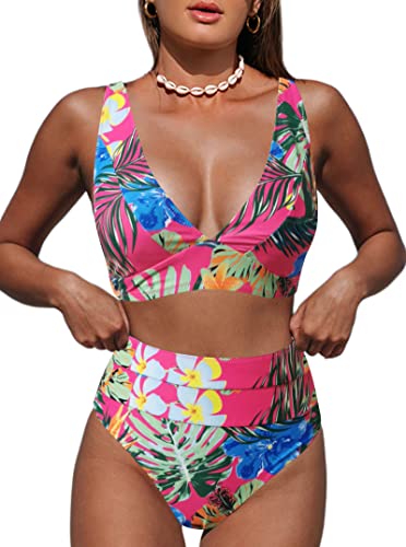 Image of Hilinker Women's Leopard Bikini Swimsuits V Neck High Waisted 2 Piece Bathing Suits